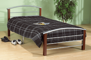 IF127 Silver Metal Platform Bed with Dark Cherry Posts