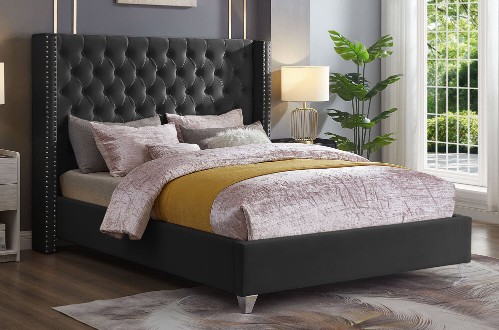 IFDC 589X Velvet Wingback Platform Bed with Chrome Nailheads - Image 4