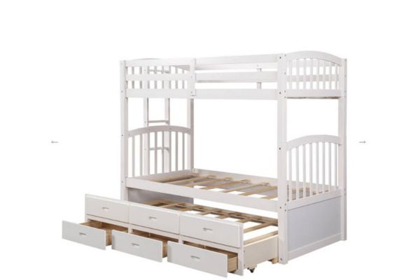 1842 White Twin Over Twin Bunk Bed with Storage Drawers & Trundle – Space-Saving Sleepover Bed - Image 2
