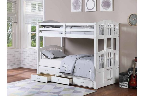 1842 White Single/Single Bunk Bed With Drawers & Trundle